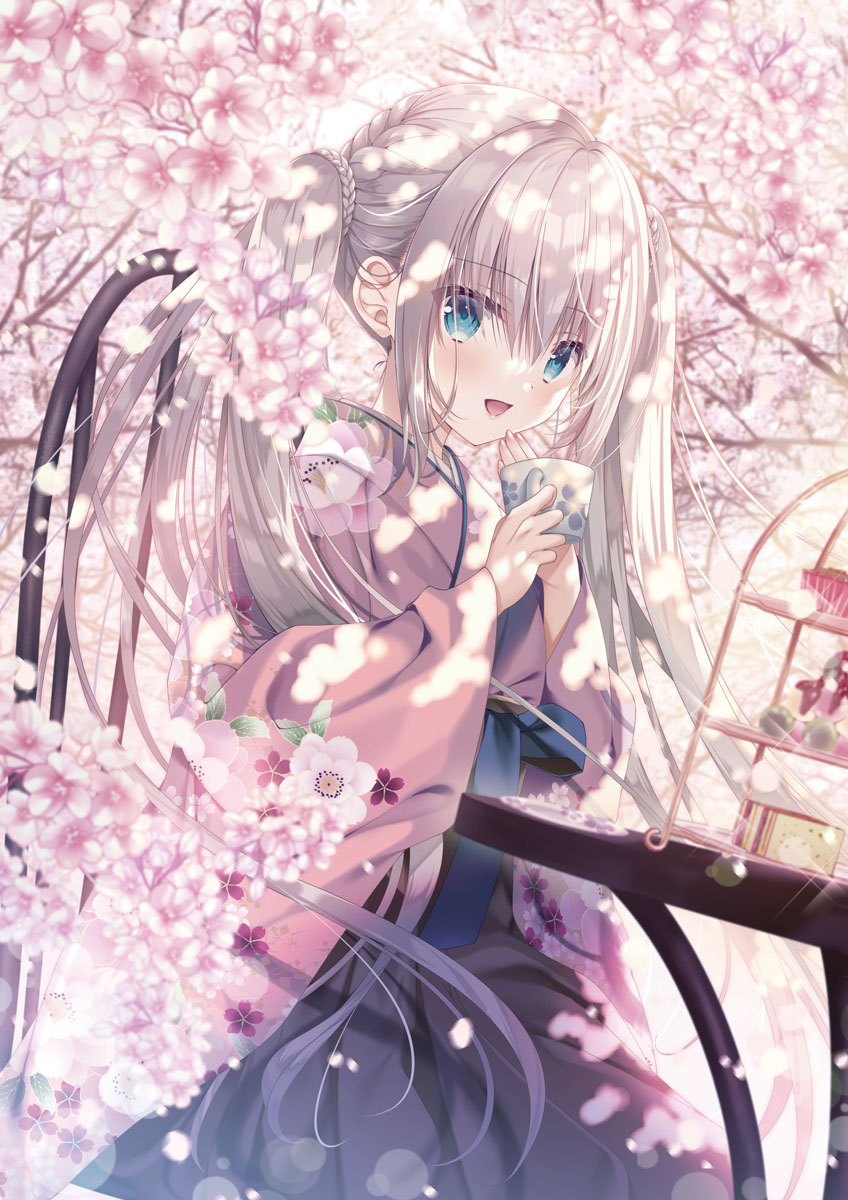 1girl :d bangs blue_eyes blue_hakama blush braid chair cherry_blossoms cowboy_shot cup day display_case dutch_angle eyebrows_visible_through_hair grey_hair hair_between_eyes hakama hakama_skirt hand_on_own_chin hands_up highres holding holding_cup japanese_clothes long_hair long_sleeves looking_at_viewer open_mouth original outdoors pastry pleated_skirt sidelocks sitting skirt smile solo spring_(season) table tanihara_natsuki twintails wide_sleeves