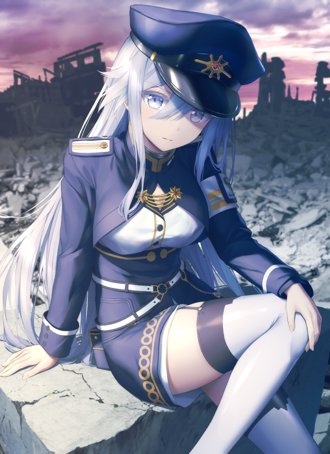 1girl 86_-eightysix- bangs blue_headwear blue_jacket blue_skirt breasts commentary_request eyebrows_visible_through_hair feet_out_of_frame goribote grey_eyes hair_between_eyes hat jacket knee_up long_hair medium_breasts military military_hat military_uniform outdoors peaked_cap ruins shirt silver_hair sitting skirt solo thigh-highs uniform very_long_hair vladilena_millize white_legwear white_shirt