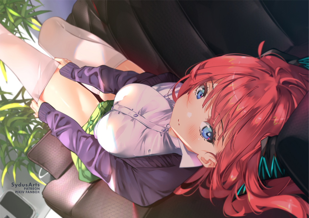 1girl artist_name bangs black_ribbon blue_eyes blush bow breasts closed_mouth collared_shirt couch dress_shirt dutch_angle eyebrows_visible_through_hair from_behind go-toubun_no_hanayome green_bow hair_ribbon indoors knee_up leg_up long_hair looking_at_viewer looking_back lying medium_breasts miniskirt nakano_nino on_back on_couch plant potted_plant redhead ribbon school_uniform shirt skirt smile solo sydus thigh-highs white_legwear white_shirt
