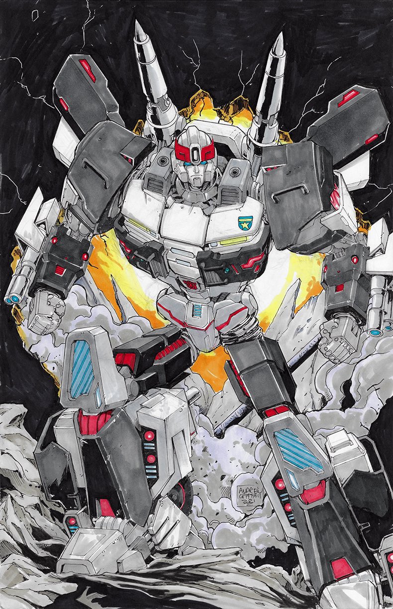 1boy andrew_griffith arm_cannon autobot blue_eyes clenched_hands english_commentary frown highres looking_down marker_(medium) mecha no_humans prowl science_fiction shoulder_cannon solo traditional_media transformers transformers:_robots_in_disguise_(2015) v-fin weapon