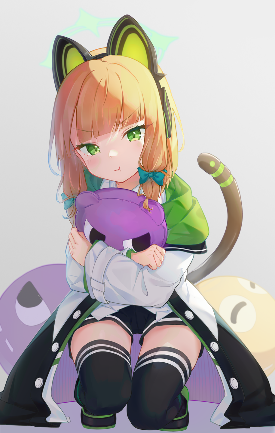 1girl :t bangs black_jacket black_legwear black_shorts blue_archive blunt_bangs blush bow buttons cat_ear_headphones cat_tail closed_mouth eyebrows_visible_through_hair full_body green_eyes grey_background hair_bow halo headphones highres holding holding_stuffed_toy jacket kneeling looking_at_viewer medium_hair midori_(blue_archive) mishuo_(misuo69421) open_clothes open_jacket orange_hair pout school_uniform shorts sidelocks simple_background solo striped striped_legwear stuffed_toy tail thigh-highs twintails