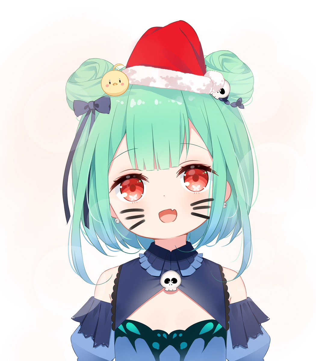 1girl :d animal_on_head bangs bare_shoulders bird black_bow blue_dress blue_sleeves blush bow chick detached_sleeves deyui double_bun drawn_whiskers dress earrings eyebrows_visible_through_hair fang fur-trimmed_headwear green_hair hair_bow hair_ornament hat highres hololive jewelry looking_at_viewer on_head open_mouth puffy_sleeves red_eyes red_headwear santa_hat simple_background skull_earrings skull_hair_ornament sleeveless sleeveless_dress smile solo upper_body uruha_rushia virtual_youtuber white_background