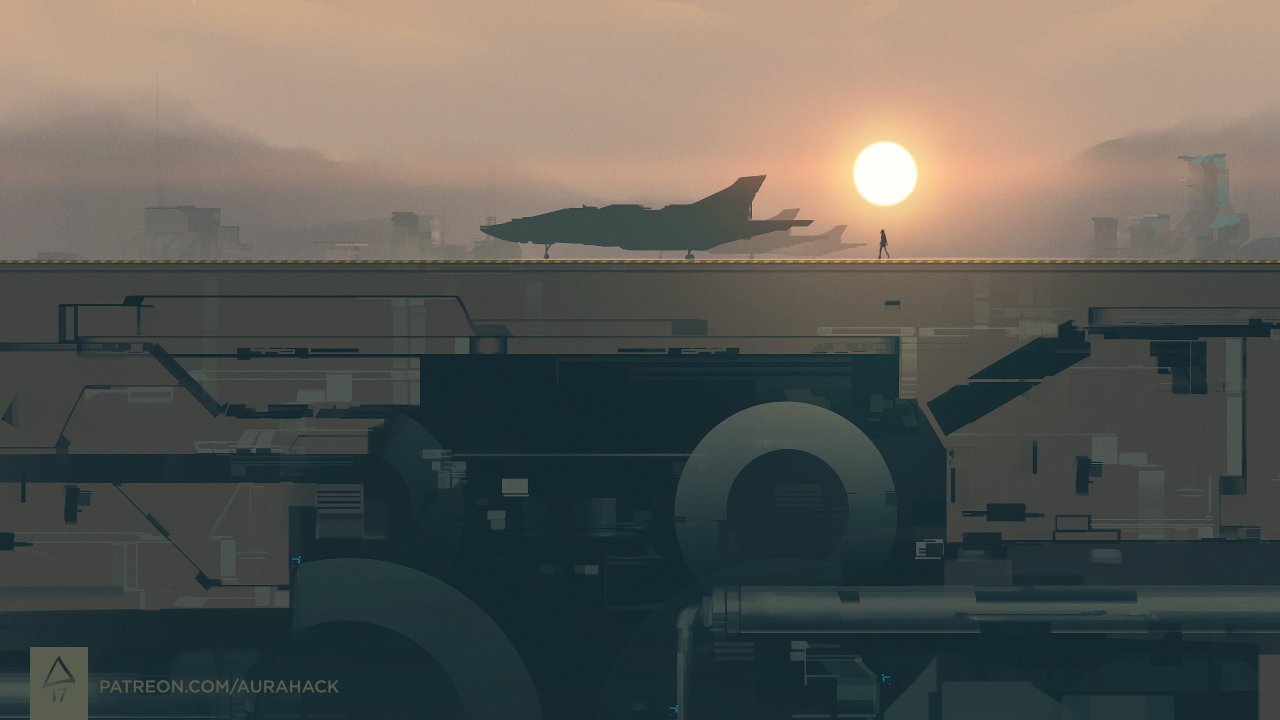 1girl aircraft aurahack building city cityscape fog landscape original outdoors patreon_username scenery silhouette sky sun sunset watermark web_address