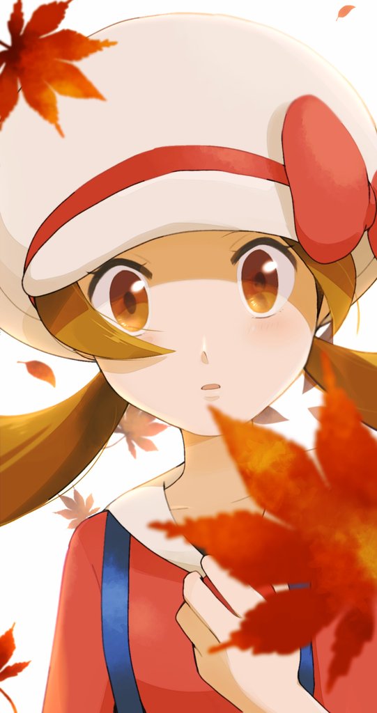 1girl autumn_leaves brown_eyes brown_hair collarbone commentary_request eyelashes hand_up hat hat_ribbon long_hair looking_at_viewer lyra_(pokemon) nakikot_t overalls parted_lips pokemon pokemon_(game) pokemon_hgss red_ribbon red_shirt ribbon shirt solo twintails upper_body white_background white_headwear