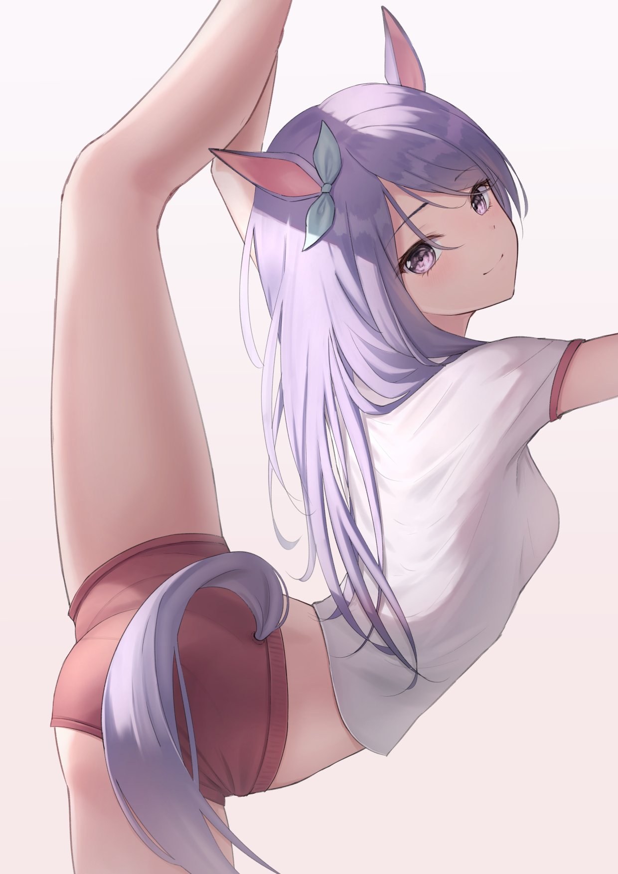 1girl animal_ears arched_back ass bare_legs breasts cowboy_shot crop_top hair_ribbon highres horse_ears horse_girl horse_tail leg_lift leg_up long_hair looking_at_viewer marinesnow medium_breasts mejiro_mcqueen_(umamusume) micro_shorts midriff purple_hair red_shorts ribbon shirt short_shorts short_sleeves shorts simple_background smile solo split standing standing_on_one_leg standing_split tail thighs umamusume violet_eyes white_background white_shirt