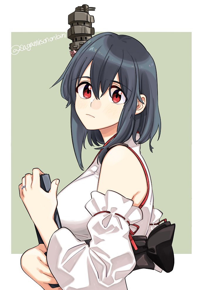 1girl black_hair breasts clipboard detached_sleeves eyebrows_visible_through_hair green_background hair_between_eyes hair_ornament headgear japanese_clothes jewelry kantai_collection light_smile looking_at_viewer looking_to_the_side medium_breasts nontraditional_miko obi pagoda red_eyes ring sagamiso sash short_hair solo twitter_username upper_body wedding_ring white_background wide_sleeves yamashiro_(kancolle)