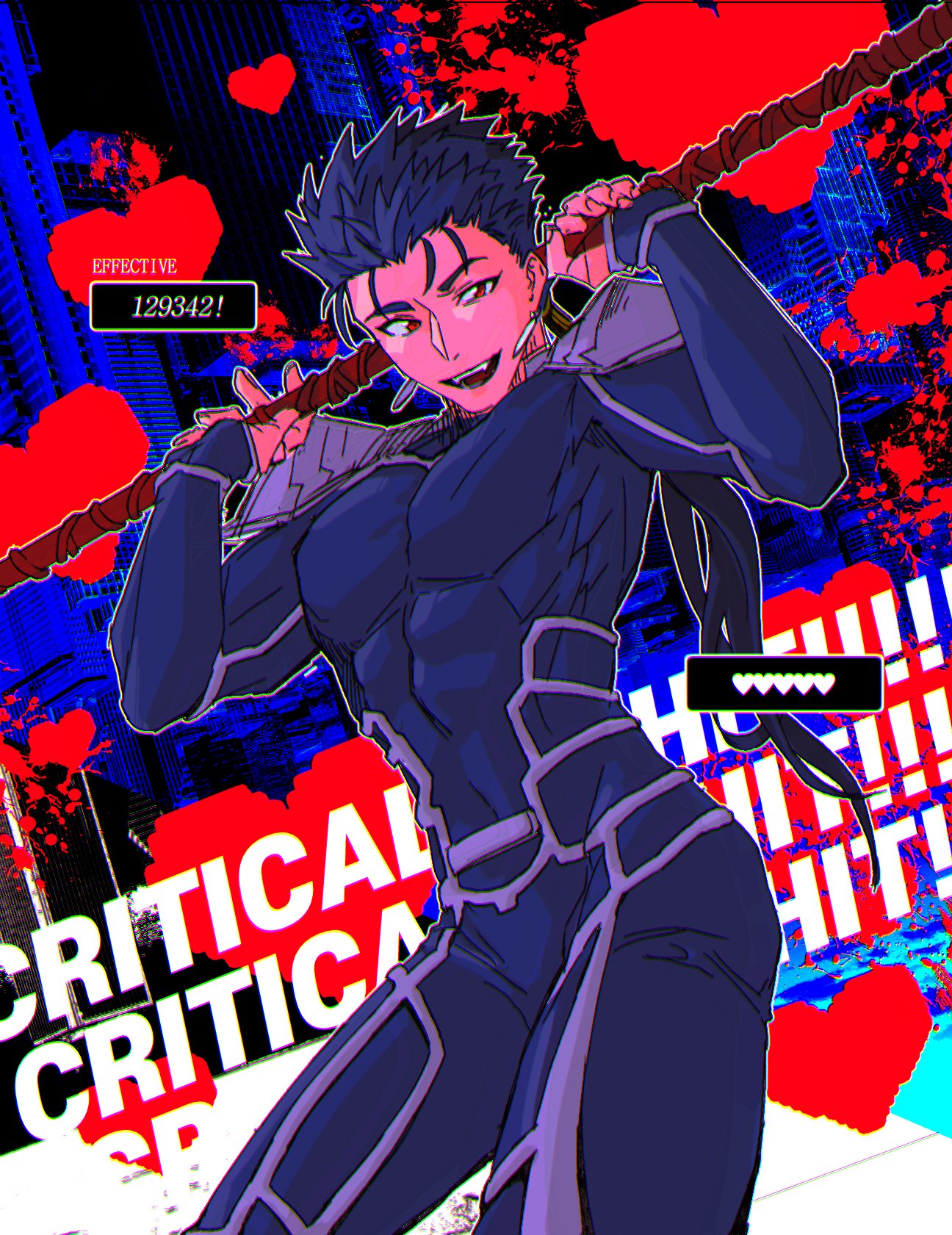 1boy abs armor beads blood blood_splatter blue_bodysuit blue_hair bodysuit cowboy_shot critical_hit cu_chulainn_(fate)_(all) cu_chulainn_(fate/stay_night) earrings english_text fangs fate/stay_night fate_(series) gae_bolg_(fate) grin hair_beads hair_ornament heart highres holding holding_polearm holding_weapon jewelry long_hair looking_at_viewer male_focus muscular muscular_male open_mouth pauldrons pectorals polearm polearm_behind_back ponytail red_eyes shoulder_armor skin_tight smile solo spiky_hair weapon yangga909