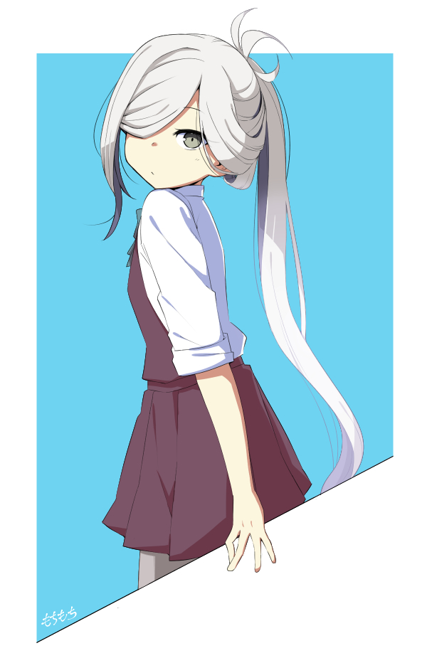 1girl ahoge asashimo_(kancolle) blue_background cowboy_shot dress grey_eyes hair_over_one_eye halterneck kantai_collection long_hair looking_at_viewer moti_coi pleated_dress ponytail purple_dress school_uniform shirt silver_hair solo two-tone_background white_background white_shirt