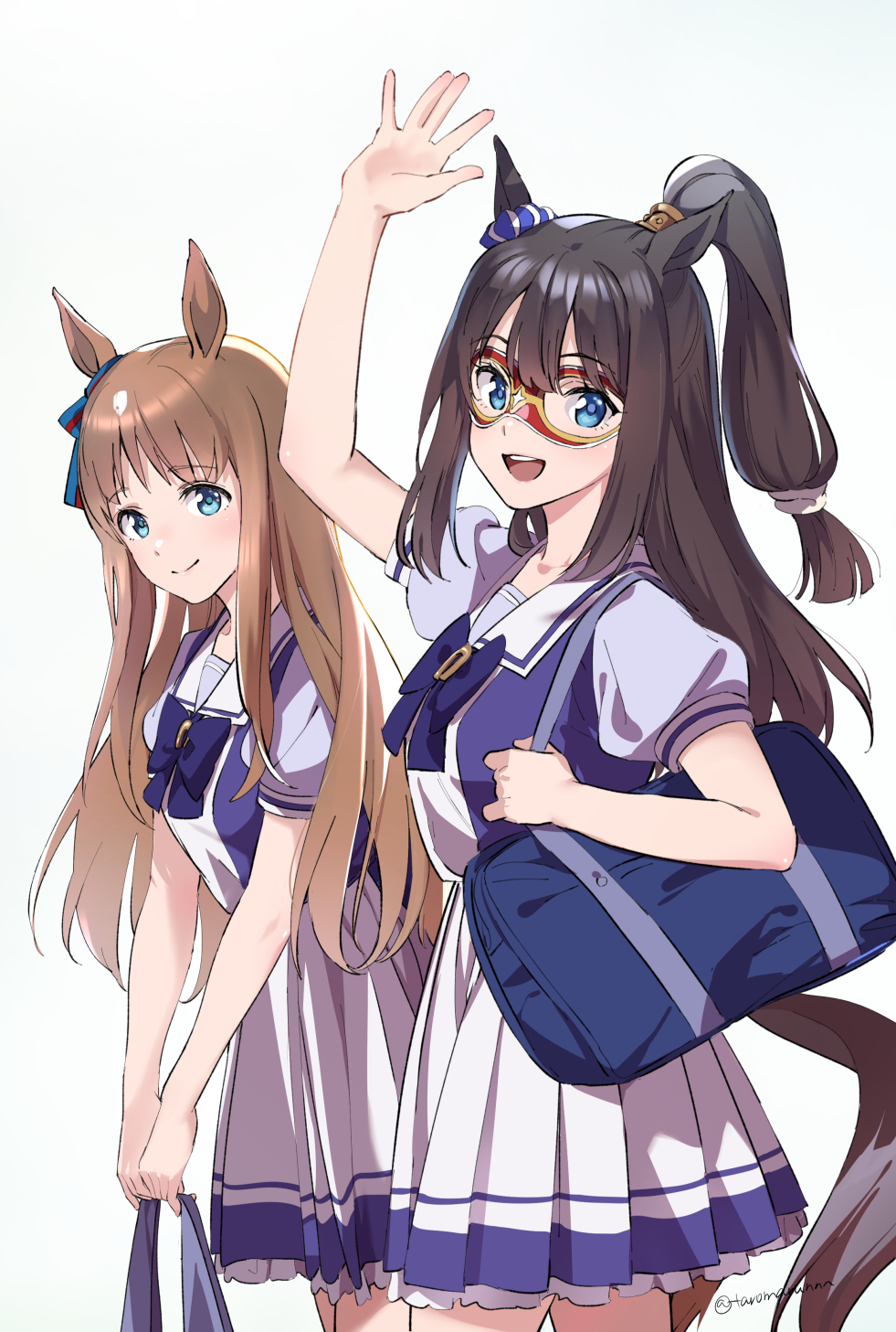 2girls animal_ears arm_up bag black_hair blue_ribbon brown_hair closed_mouth commentary_request ear_ribbon el_condor_pasa_(umamusume) grass_wonder_(umamusume) highres holding holding_bag horse_ears horse_girl horse_tail long_hair looking_at_viewer mask misu_kasumi multiple_girls open_mouth pleated_skirt ribbon school_uniform short_sleeves simple_background skirt smile tail tracen_school_uniform twitter_username umamusume white_background white_skirt