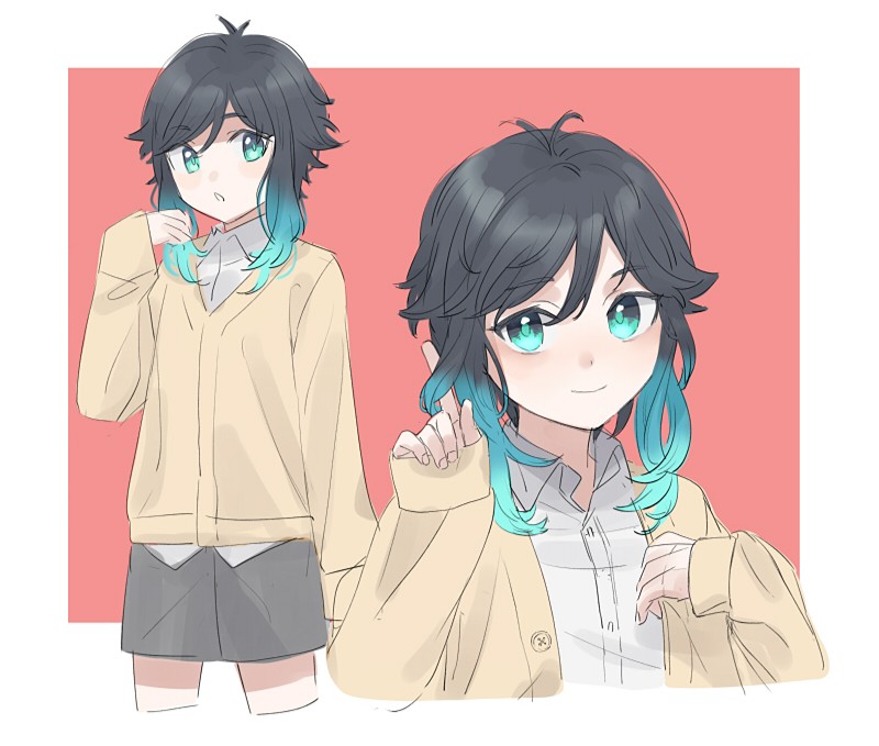 1boy alternate_costume androgynous bangs black_hair black_shorts blue_hair closed_mouth collared_shirt commentary_request eyebrows_visible_through_hair genshin_impact gradient_hair green_eyes hand_in_hair kirentono long_sleeves looking_at_viewer male_focus multicolored_hair open_mouth pink_background shirt short_hair_with_long_locks shorts simple_background smile solo sweater venti_(genshin_impact) white_background white_shirt