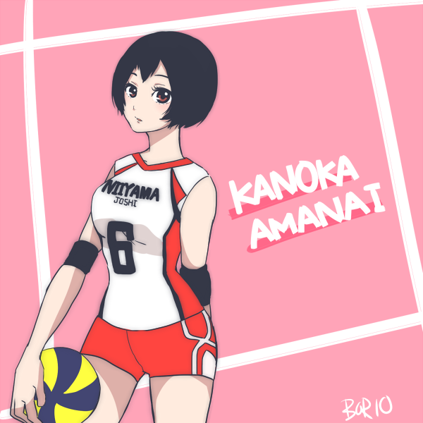 1girl amanai_kanoka ball bare_shoulders black_hair borio_dover breasts character_name expressionless eyebrows eyelashes haikyuu!! holding holding_ball looking_to_the_side shirt short_hair shorts simple_background solo solo_focus sportswear standing volleyball_uniform