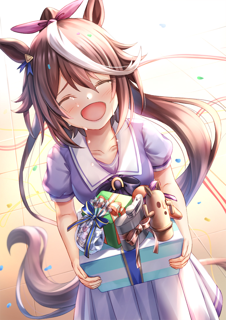 1girl :d ^_^ animal_ears black_bow blue_shirt blush bow box brown_hair closed_eyes commentary_request crying facing_viewer gift gift_box hair_ribbon holding holding_gift horse_ears horse_girl horse_tail multicolored_hair open_mouth pink_ribbon pleated_skirt ponytail puffy_short_sleeves puffy_sleeves ribbon school_uniform shirt short_sleeves skirt smile solo streaked_hair tail tears tokai_teio_(umamusume) toshi_(1-147) tracen_school_uniform umamusume white_hair white_skirt