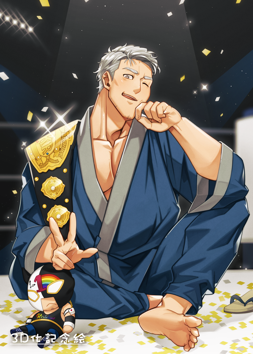 1boy ;) barefoot collarbone confetti facial_hair grey_hair hand_up harigiri305 highres indoors maimoto_keisuke male_focus nijisanji one_eye_closed pectorals sandals_removed short_hair sitting smile solo spotlight stubble v virtual_youtuber wrestling_outfit