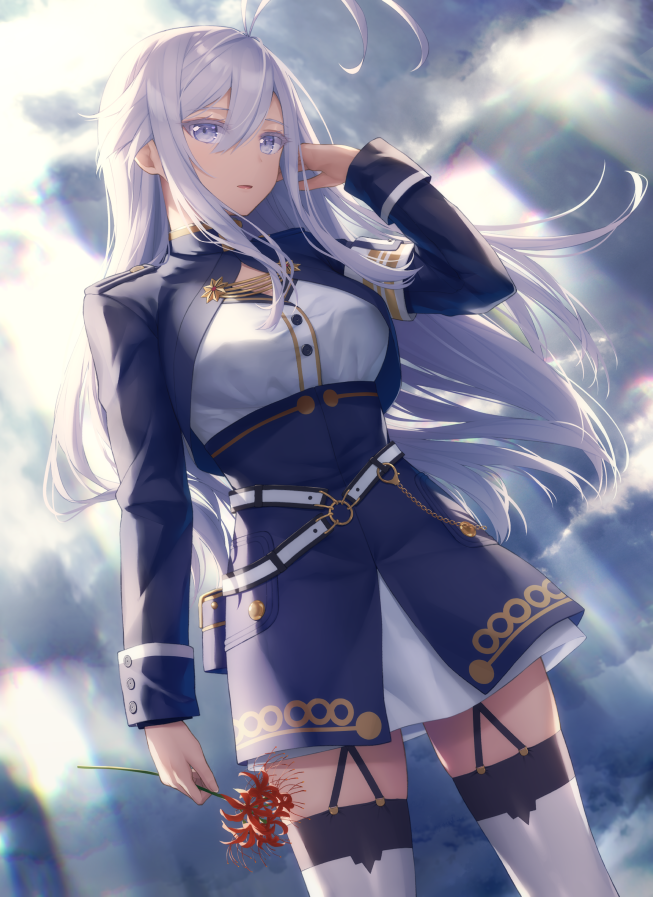 1girl 86_-eightysix- ahoge backlighting bangs blue_jacket blue_skirt breasts clouds cloudy_sky commentary_request eyebrows_visible_through_hair goribote grey_eyes hair_between_eyes hat jacket light_rays long_hair medium_breasts military military_hat military_uniform outdoors shirt silver_hair sitting skirt sky thigh-highs uniform vladilena_millize white_legwear white_shirt