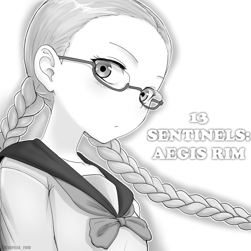 1girl braid copyright_name cypress flat_chest glasses greyscale juusan_kihei_bouei_ken kisaragi_tomi monochrome school_uniform semi-rimless_eyewear serafuku solo twin_braids twitter_username under-rim_eyewear upper_body