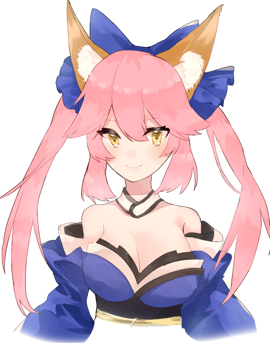 1girl animal_ear_fluff animal_ears artist_request bare_shoulders blue_kimono blue_ribbon breasts detached_sleeves eyebrows_visible_through_hair fate/extella fate/extra fate/extra_ccc fate/grand_order fate_(series) fox_ears fox_girl hair_ribbon japanese_clothes kimono large_breasts looking_at_viewer pink_hair ribbon simple_background solo tamamo_(fate)_(all) tamamo_no_mae_(fate) upper_body white_background yellow_eyes