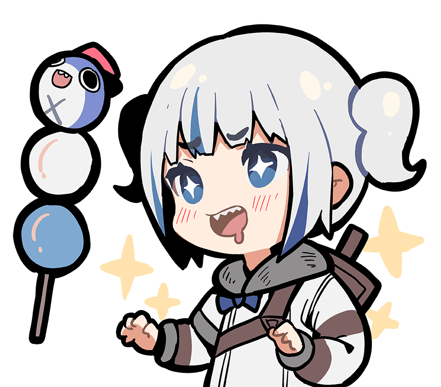 1girl bangs bloop_(gawr_gura) blue_bow blue_eyes blue_hair bow chibi coat dango drooling eyebrows_visible_through_hair food gawr_gura hololive hololive_english monster_hunter_(series) ninomae_ina'nis_(artist) over_shoulder sharp_teeth sidelocks sparkle sparkling_eyes teeth thick_outlines two_side_up wagashi weapon weapon_on_back weapon_over_shoulder white_coat