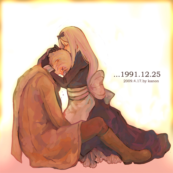 1boy 1girl apron axis_powers_hetalia belarus_(hetalia) black_dress black_gloves boots bow brown_coat brown_footwear brown_pants closed_eyes closed_mouth coat commentary crying dated dress full_body gloves hair_bow head_hug kanon_(rsl) long_hair looking_down pants russia_(hetalia) short_hair signature sitting soviet white_hair