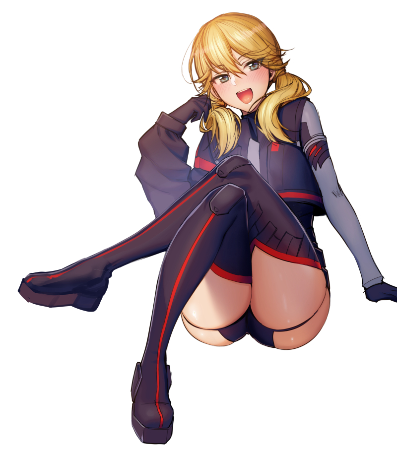 1girl :d alice_gear_aegis arm_support ass bangs blonde_hair boots commentary_request crossed_legs full_body green_eyes hair_between_eyes hair_over_shoulder kotomura_akane long_hair looking_at_viewer low_twintails open_mouth shoukaki_(earthean) sitting smile solo thigh-highs thigh_boots thighs twintails white_background