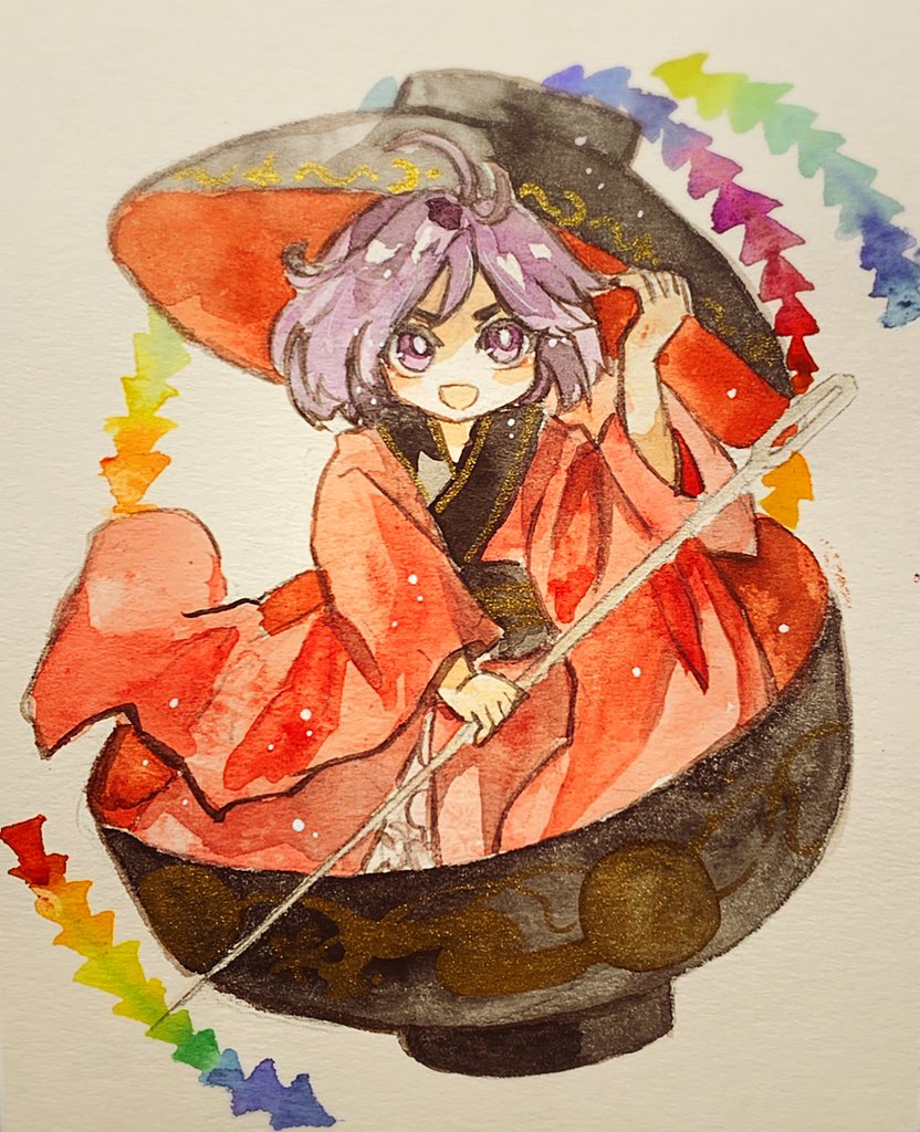 1girl bowl bowl_hat hat holding holding_needle in_bowl in_container japanese_clothes key747h kimono minigirl needle open_mouth paper_texture purple_hair rainbow_order red_kimono sukuna_shinmyoumaru touhou traditional_media violet_eyes watercolor_(medium) wide_sleeves