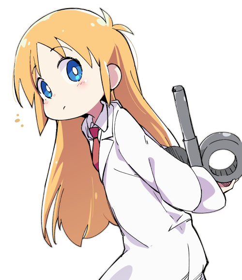 1girl arms_behind_back bangs blue_eyes bright_pupils closed_mouth expressionless eyebrows_visible_through_hair from_side grey_outline hatching_(texture) holding holding_key ixy key labcoat linear_hatching long_hair long_sleeves looking_at_viewer looking_to_the_side necktie nichijou notice_lines orange_hair outline professor_shinonome red_necktie solo standing tareme upper_body white_pupils winding_key wing_collar