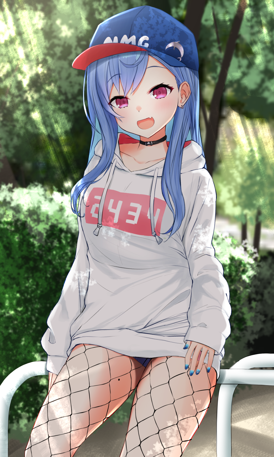 1girl :d baseball_cap black_choker blue_hair blue_headwear blue_nails blue_panties choker collarbone day drawstring earrings ex_idol fang fishnet_legwear fishnets hat highres hood hood_down hoodie jewelry light_rays long_hair long_sleeves looking_at_viewer mole mole_on_thigh nail_polish nijisanji nishizono_chigusa no_pants open_mouth outdoors panties pantyshot pink_eyes smile solo standing sunbeam sunlight thighs tree underwear virtual_youtuber white_hoodie