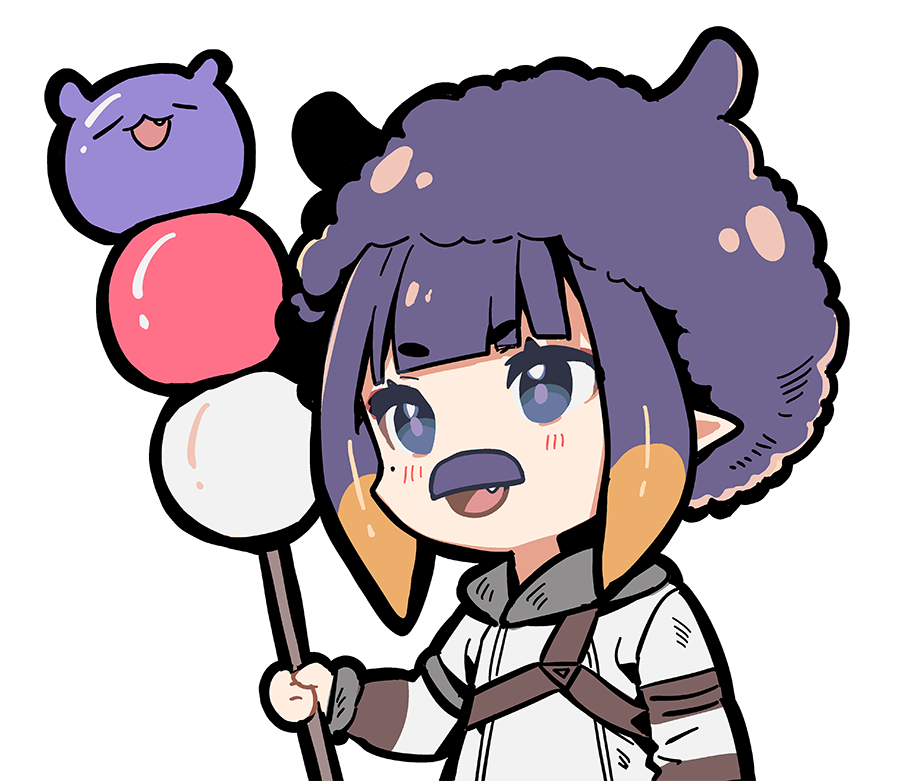 1girl afro bangs chibi coat dango eyebrows_visible_through_hair facial_hair fang food holding holding_food hololive hololive_english monster_hunter_(series) mustache ninomae_ina'nis ninomae_ina'nis_(artist) open_mouth orange_hair pointy_ears purple_hair sidelocks tako_(ninomae_ina'nis) tentacle_hair thick_outlines violet_eyes wagashi white_coat