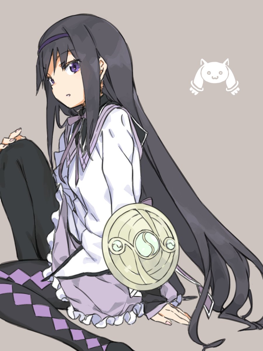 1girl akemi_homura argyle argyle_legwear arm_support bangs black_hair black_legwear blouse buckler foot_out_of_frame frilled_skirt frills from_side grey_background haimura_kiyotaka hairband hand_on_own_knee highres knee_up long_hair long_sleeves looking_at_viewer mahou_shoujo_madoka_magica neck_ribbon open_mouth pantyhose purple_hairband purple_neckwear purple_ribbon purple_skirt ribbon sailor_collar shield sidelocks simple_background sitting sketch skirt sleeves_past_wrists solo symbol_commentary very_long_hair violet_eyes white_blouse