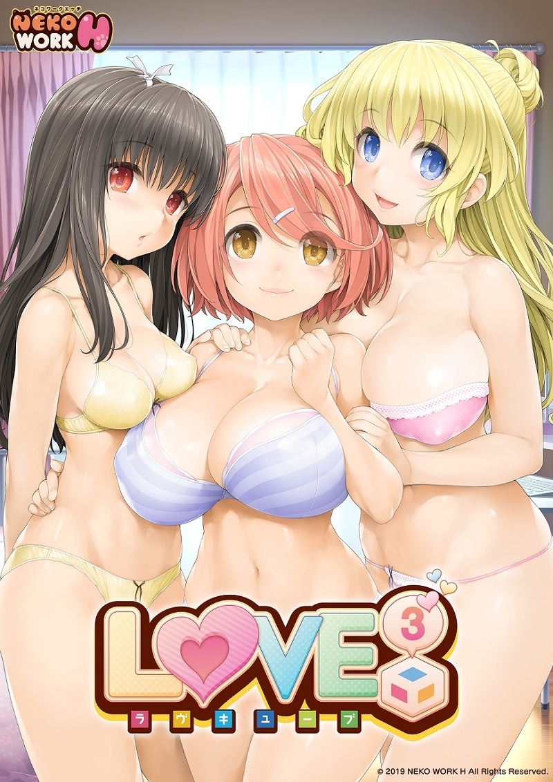 3girls :o amabane_nodoka arm_grab bangs black_hair blonde_hair bra breasts collarbone company_name copyright covered_nipples cowboy_shot eyebrows_visible_through_hair eyes_visible_through_hair feet_out_of_frame hair_bun hair_ornament hairclip hand_on_another's_shoulder hand_on_another's_waist higashiboujou_akira huge_breasts indoors ishikei large_breasts logo long_hair looking_at_viewer love_cube medium_breasts multiple_girls navel official_art open_mouth panties photoshop_(medium) pink_bra pink_hair pink_panties shitaka_iori short_hair smile string_panties underwear underwear_only yellow_bra yellow_panties