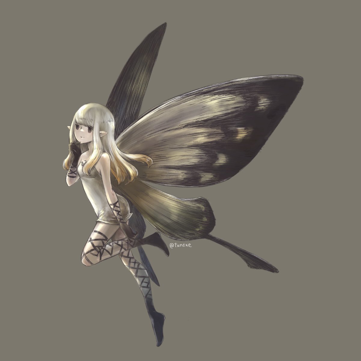 1girl aerie_(bravely_default) bare_shoulders black_footwear black_gloves black_legwear bravely_default:_flying_fairy bravely_default_(series) brown_eyes butterfly_wings commentary_request dress empty_eyes fairy full_body gloves grey_background hand_on_own_chin highres huiyuan leg_up long_hair pointy_ears short_dress simple_background smile solo strapless strapless_dress thigh-highs thigh_strap white_dress white_hair wings