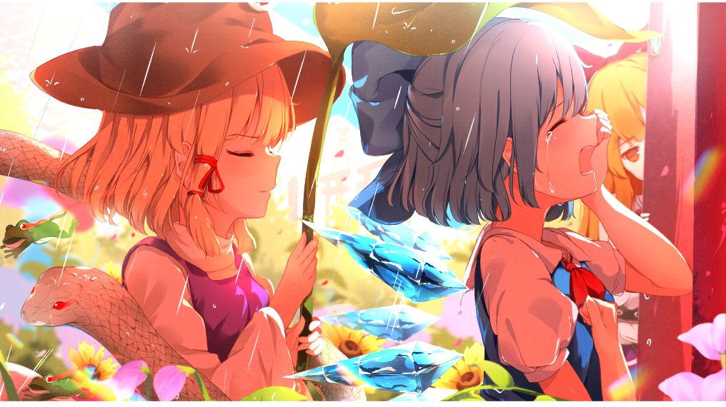 3girls backlighting bangs behind_another blonde_hair blue_hair blue_ribbon blue_vest blunt_bangs blush border brown_headwear cirno closed_eyes collared_shirt crying flower frog from_side hair_ribbon hair_tie hiding holding holding_leaf hunya ibuki_suika ice ice_wings jumping leaf leaf_umbrella lens_flare letterboxed long_hair long_sleeves looking_at_another mishaguji moriya_suwako multiple_girls open_collar open_mouth puffy_short_sleeves puffy_sleeves purple_vest rain red_eyes red_neckwear red_ribbon ribbon sad shiny shiny_hair shirt short_hair short_sleeves sidelocks streaming_tears sun_shower sunlight tears torii touhou turtleneck upper_body vest walking watching white_border white_shirt wings