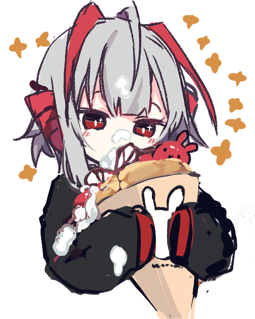 1girl arknights bangs black_jacket chibi cream cream_on_face crepe cropped_torso eating food food_on_face grey_hair holding holding_food jacket long_sleeves multicolored_hair red_eyes redhead simple_background sketch sleeves_past_fingers sleeves_past_wrists solo streaked_hair sukima_(crie) upper_body w_(arknights) white_background