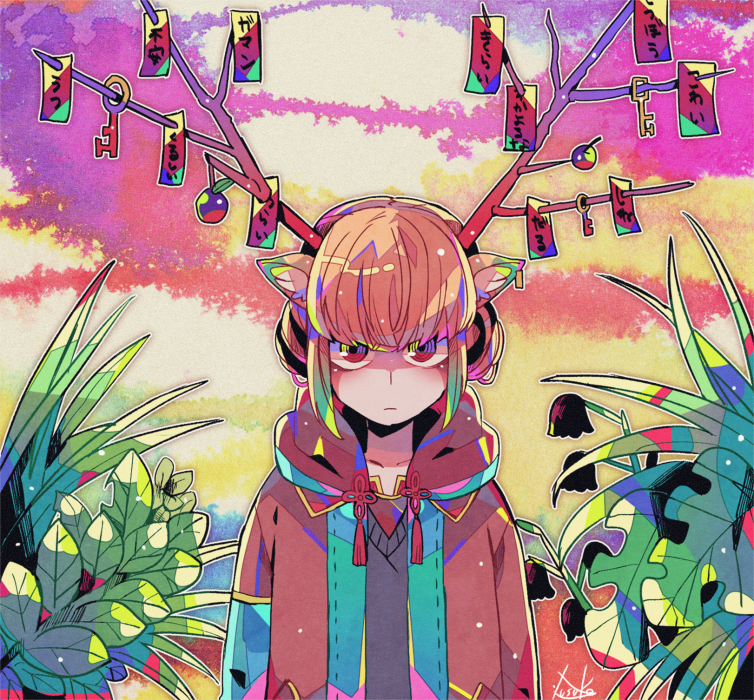 1girl animal_ears antlers black_flower brown_hair flower hood hood_down hooded_jacket jacket key leaf looking_at_viewer original outline plant red_eyes signature solo upper_body white_outline yuusuke-kun