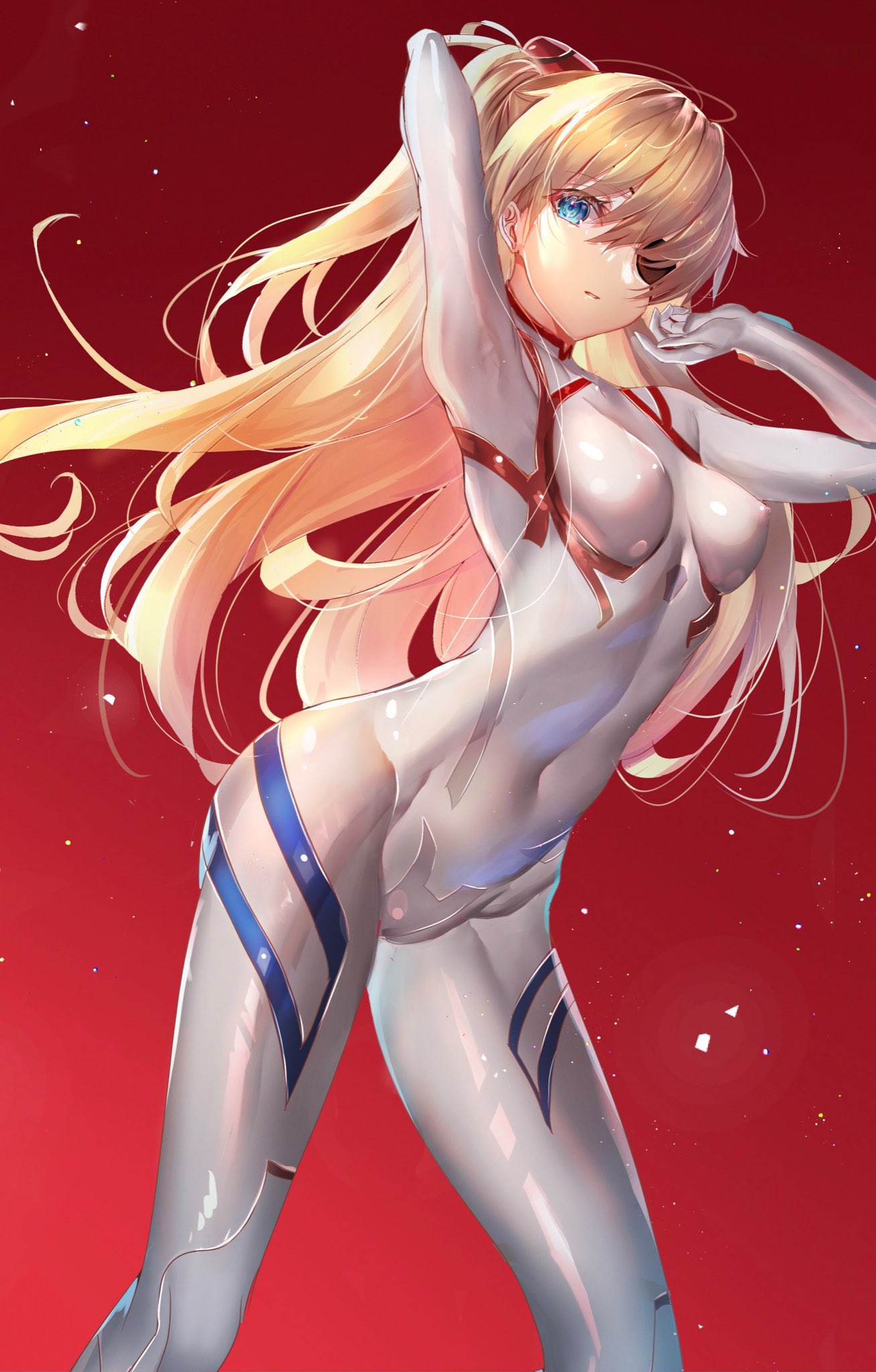 1girl blue_eyes bodysuit brown_hair chiachun0621 eyepatch highres interface_headset long_hair looking_at_viewer neon_genesis_evangelion plugsuit rebuild_of_evangelion skin_tight souryuu_asuka_langley twintails white_bodysuit