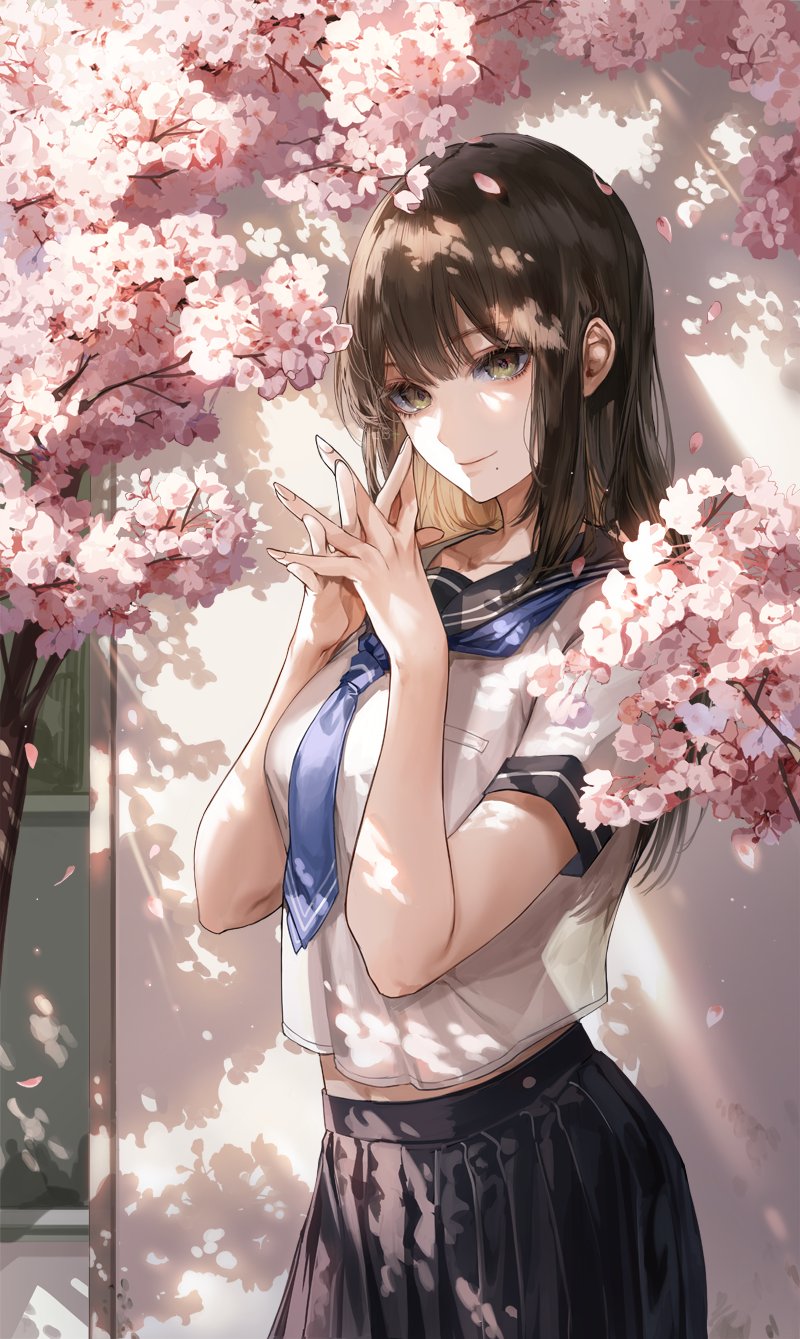 1girl bangs black_hair black_sailor_collar black_skirt blue_neckwear breasts cherry_blossoms collarbone commentary cowboy_shot hands_clasped hands_up highres kim_eb long_hair looking_at_viewer medium_breasts mole mole_under_mouth necktie original own_hands_together pleated_skirt sailor_collar school_uniform serafuku shirt short_sleeves skirt smile solo standing symbol_commentary tree_shade white_shirt yellow_eyes