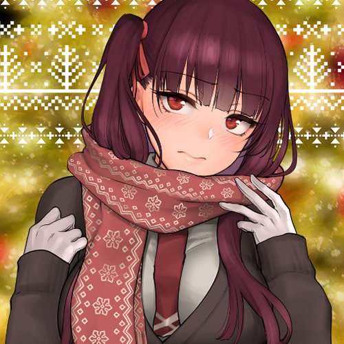 1girl between_breasts blush breasts coat commentary girls_frontline gloves hair_ribbon large_breasts looking_at_viewer lowres necktie necktie_between_breasts official_alternate_costume one_side_up purple_hair red_eyes red_scarf ribbon scarf shoukaki_(earthean) solo upper_body wa2000_(girls_frontline)