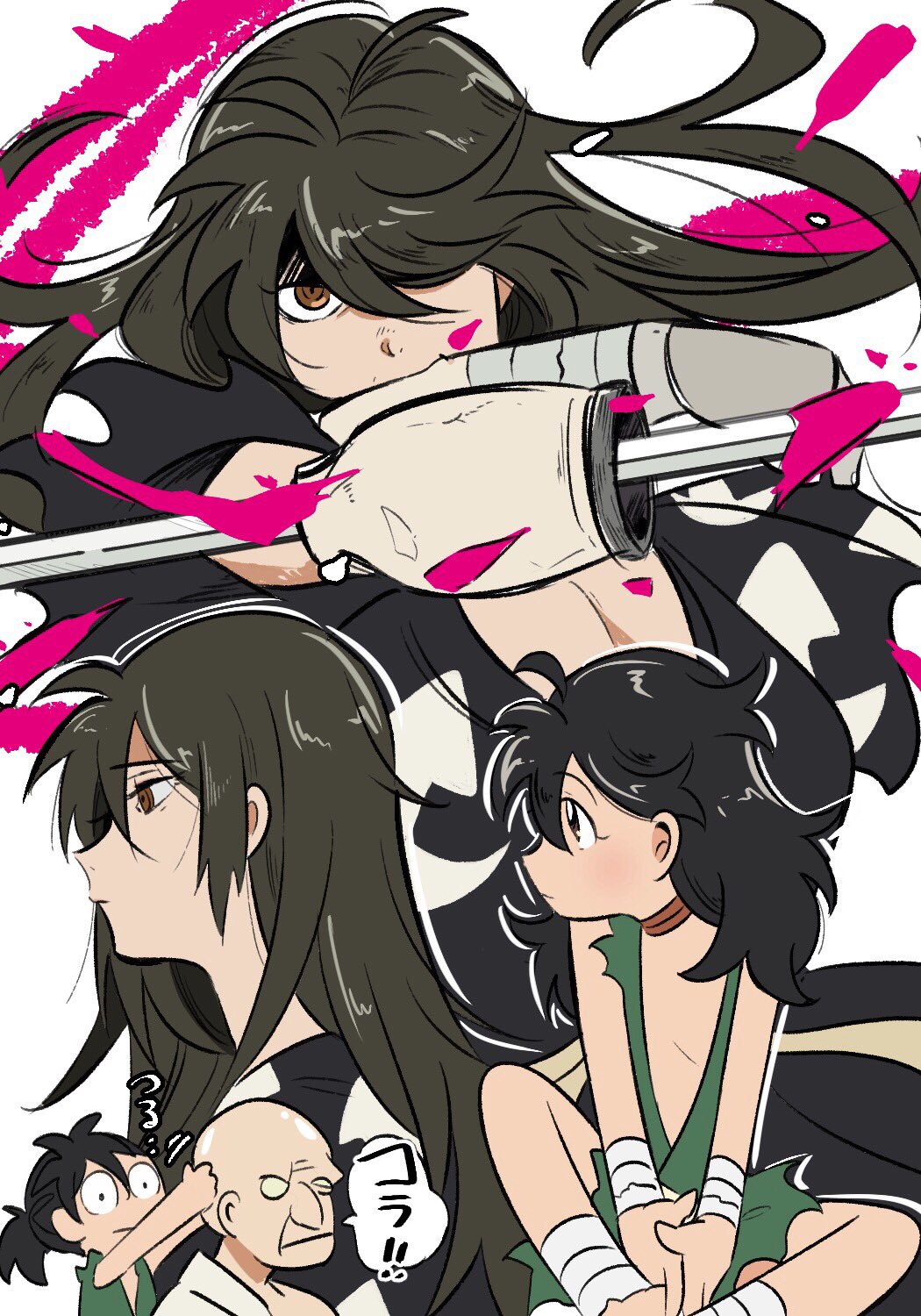 1girl 2boys bald biwamaru black_hair brown_eyes commentary_request dororo_(character) dororo_(tezuka) hair_over_one_eye hands_on_another's_head highres hyakkimaru_(dororo) long_hair looking_at_viewer multiple_boys multiple_views profile prosthesis prosthetic_arm prosthetic_weapon sitting takoda_(piyoke78) upper_body