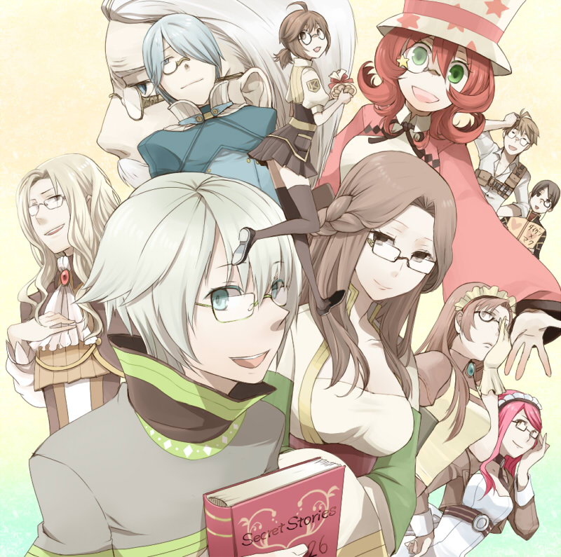 5girls 6+boys adjusting_eyewear ahoge bangs benkaistein blonde_hair blue_eyes blue_hair blue_jacket book braid brown_dress brown_eyes brown_hair brown_skirt character_request charles_orleans closed_mouth commentary_request cravat dress elly_(ragnarok_online) eyebrows_visible_through_hair facial_hair glasses gloves green_eyes hair_between_eyes hair_over_one_eye hat jacket kafra_uniform kiel-d-01 kiel_hyre leilah_(ragnarok_online) long_hair looking_at_viewer lyozien lyrus_(ragnarok_online) maid maid_headdress medium_hair monocle multiple_boys multiple_girls mustache negi_mugiya niren old old_man open_mouth puffy_short_sleeves puffy_sleeves ragnarok_online rectangular_eyewear redhead semi-rimless_eyewear short_hair short_ponytail short_sleeves skirt smile star_(symbol) top_hat under-rim_eyewear upper_body white_gloves white_hair white_neckwear