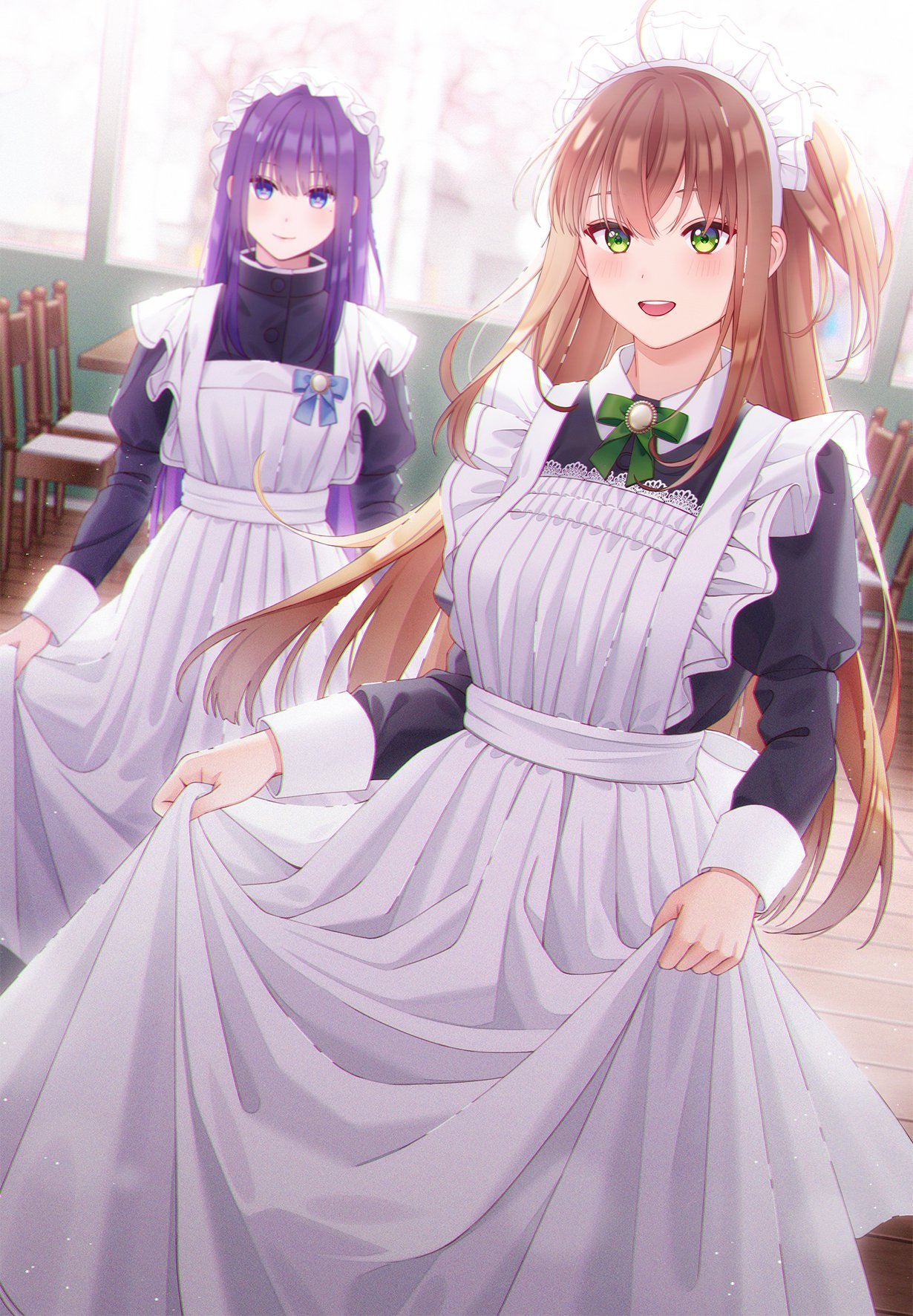 2girls :d ahoge apron apron_lift bangs black_shirt blue_bow blue_eyes blunt_bangs blurry blurry_background blush bow breasts buttons chair closed_mouth collared_shirt crossed_bangs depth_of_field eyebrows_behind_hair feet_out_of_frame frilled_apron frills green_bow green_eyes green_neckwear hat highres indoors lace-trimmed_apron lace_trim lifted_by_self long_hair long_sleeves looking_at_viewer maid maid_apron maid_cafe maid_headdress medium_breasts mob_cap mole mole_under_eye multiple_girls neck_ribbon open_mouth orange_hair original purple_hair ribbon shiny shiny_hair shirt sidelocks smile standing table unjem waist_bow window wrist_cuffs