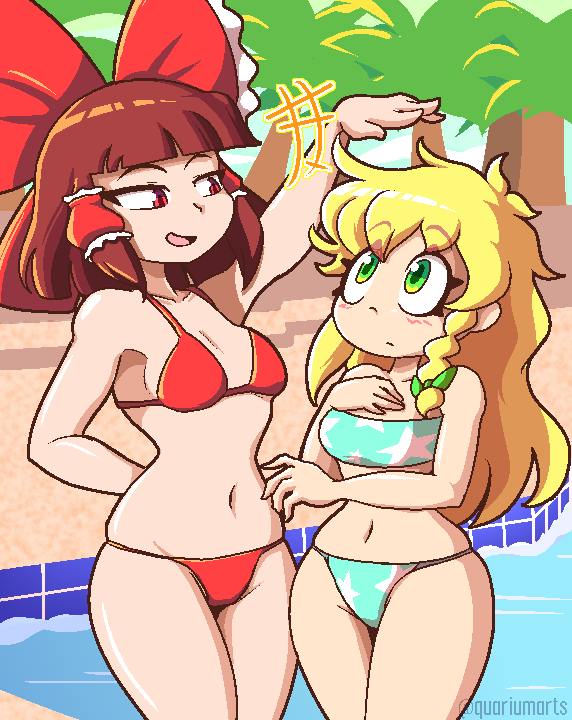 2girls alternate_costume bikini blonde_hair blue_bikini braid breasts brown_hair green_eyes hair_ribbon hakurei_reimu height_difference kirisame_marisa long_hair medium_hair multiple_girls navel palm_tree pool quariumarts red_bikini red_eyes ribbon star_(symbol) swimsuit tall_female touhou tree