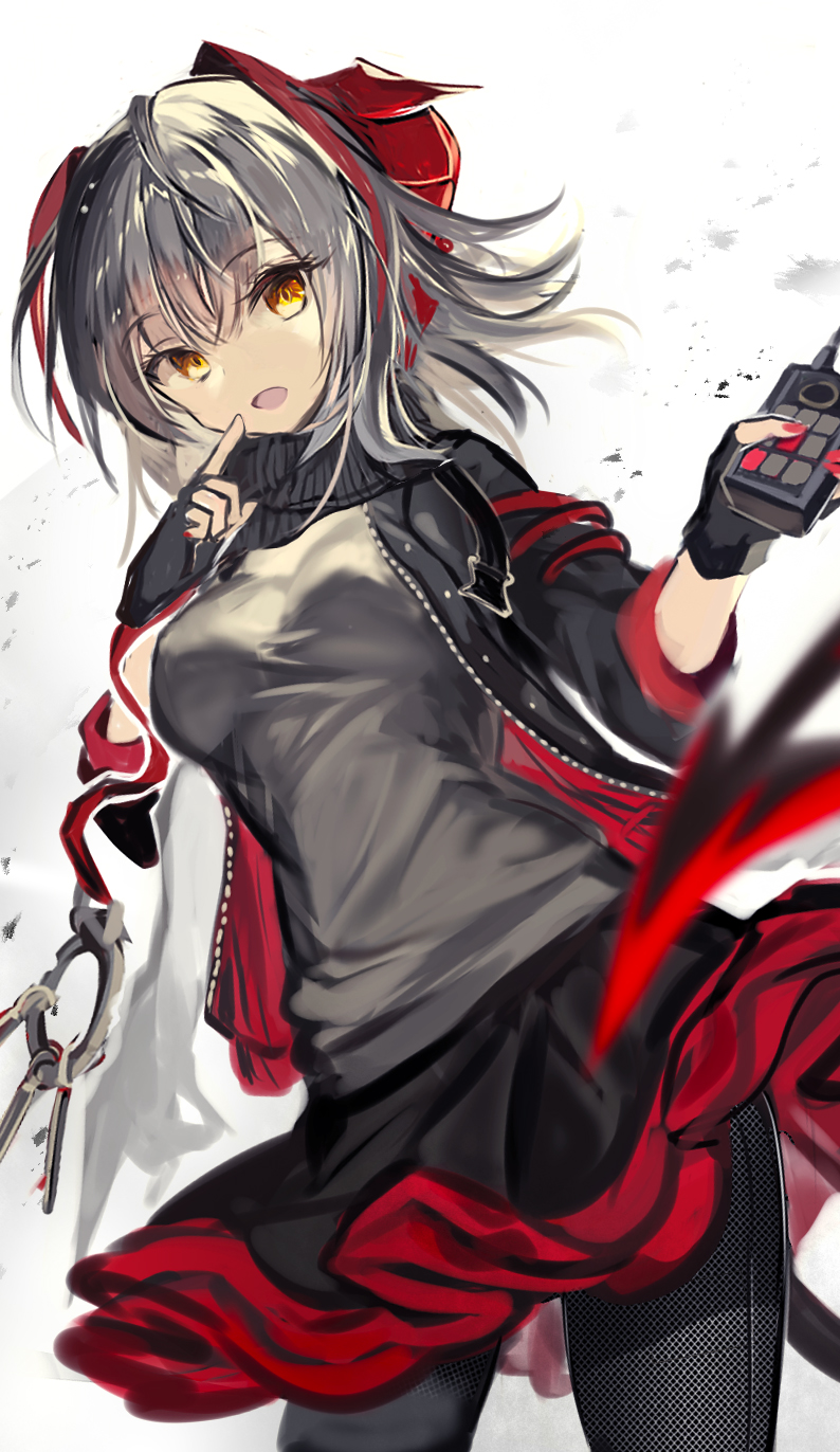 1girl :d arknights bangs black_gloves black_jacket black_pants black_skirt breasts commentary_request cowboy_shot demon_girl demon_horns demon_tail eyebrows_visible_through_hair finger_to_mouth fingerless_gloves fuupu gloves grey_shirt highres holding horns index_finger_raised jacket long_sleeves looking_at_viewer medium_breasts miniskirt multicolored_hair nail_polish open_clothes open_jacket open_mouth pants red_nails redhead shirt short_hair shushing silver_hair simple_background skirt smile solo streaked_hair tail tight tight_pants two-tone_hair w_(arknights) white_background yellow_eyes