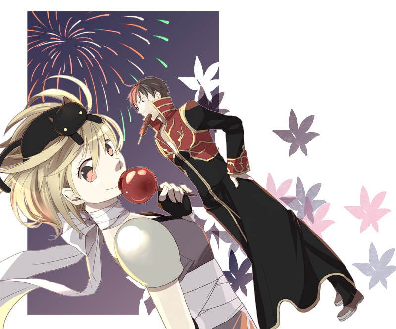 1boy 1girl aerial_fireworks animal_on_head armor assassin_(ragnarok_online) bandages bangs black_cat black_coat black_pants blonde_hair brown_eyes brown_footwear brown_hair candy_apple cat cat_on_head closed_mouth coat comiket_78 commentary_request dutch_angle eating eyebrows_visible_through_hair fireworks food food_in_mouth full_body hair_between_eyes kebab long_sleeves looking_at_viewer medium_hair negi_mugiya on_head open_clothes open_coat pants pauldrons priest_(ragnarok_online) purple_shirt ragnarok_online red_coat shirt shoes short_hair shoulder_armor sleeveless sleeveless_shirt smile two-tone_coat upper_body