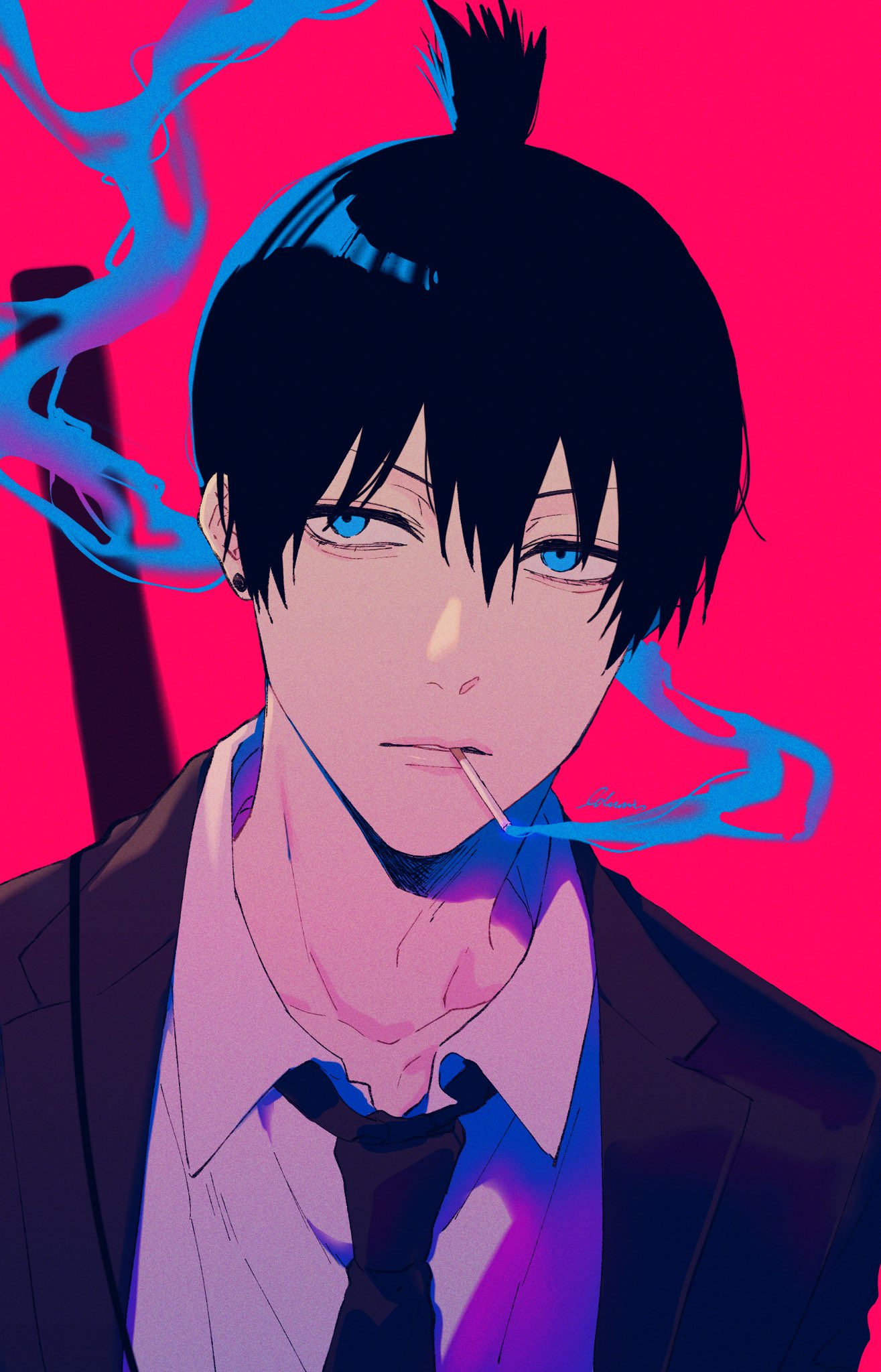 1boy bangs black_hair blue_eyes blurry blurry_background chainsaw_man cigarette collarbone collared_shirt earrings film_grain formal hair_between_eyes half-closed_eyes hayakawa_aki_(chainsaw_man) high_ponytail highres izumi_(kisshot1126) jewelry looking_away male_focus necktie parted_lips pink_background ponytail shirt short_hair simple_background smoke smoking solo stud_earrings suit sword tsurime upper_body weapon white_shirt