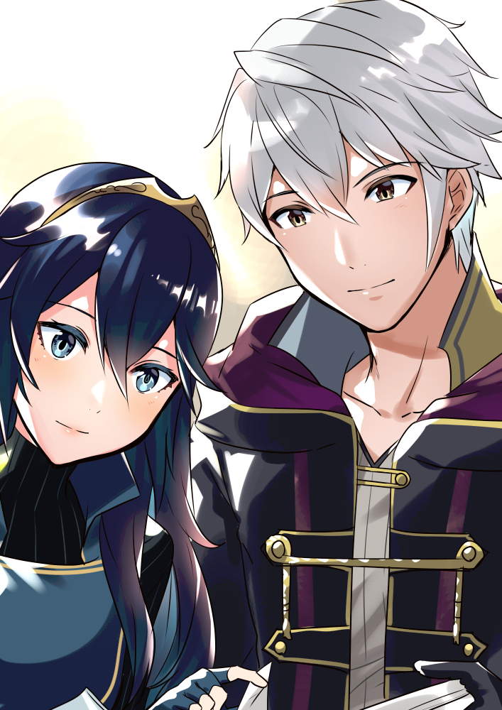 1boy 1girl ameno_(a_meno0) blue_eyes blue_hair book fingerless_gloves fire_emblem fire_emblem_awakening gloves lucina_(fire_emblem) reading robin_(fire_emblem) robin_(fire_emblem)_(male) short_hair smile symbol-shaped_pupils tiara white_hair yellow_eyes