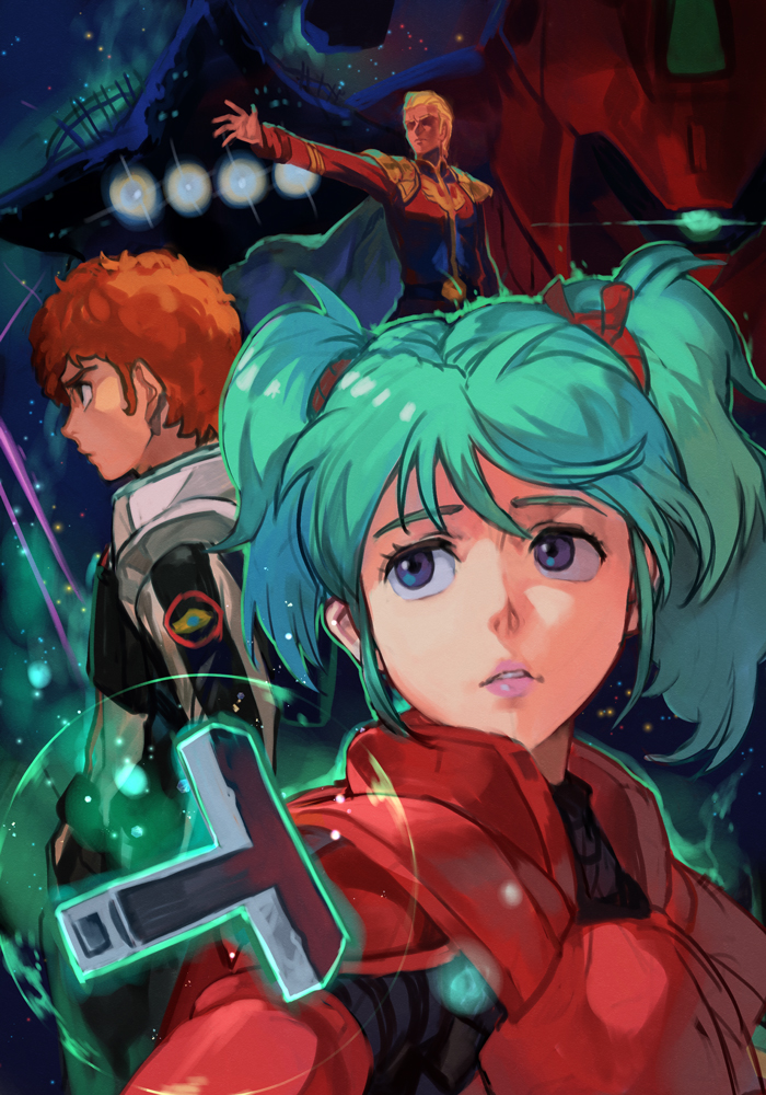 1girl 2boys amuro_ray axis_(gundam) bangs blonde_hair blue_eyes blue_hair brown_hair cape char's_counterattack char_aznable glowing glowing_eye gundam hair_behind_ear hankuri hankuri mecha military military_uniform multiple_boys one-eyed outstretched_arm parted_lips pilot_suit psycho_frame quess_paraya sazabi science_fiction twintails uneven_twintails uniform white_cape zeon