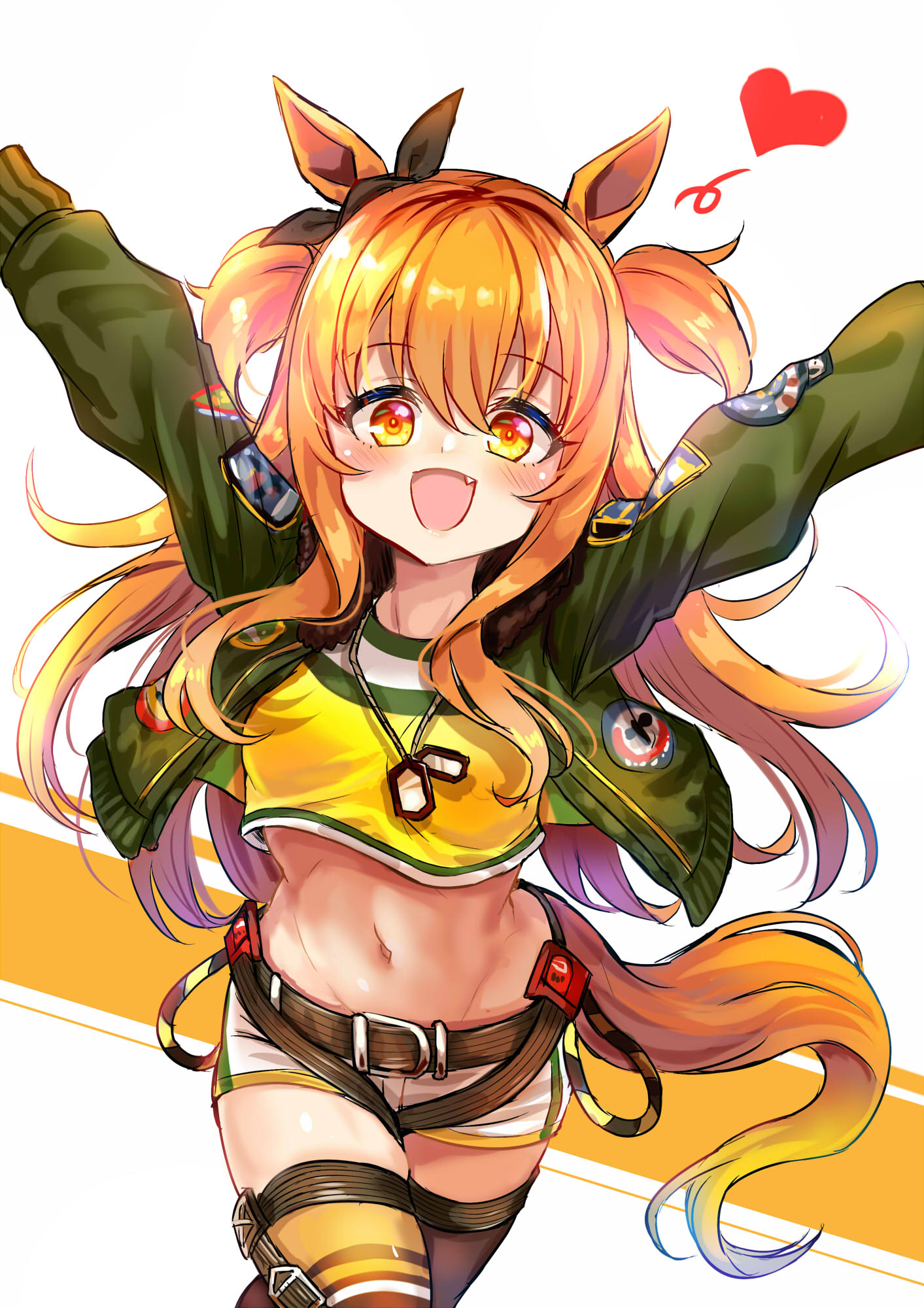 1girl :d animal_ears arms_up bangs black_ribbon blush breasts brown_background brown_hair brown_legwear commentary_request crop_top ear_ribbon eyebrows_visible_through_hair fang green_jacket hair_between_eyes heart highres horse_ears horse_girl horse_tail jacket long_hair mayano_top_gun_(umamusume) midriff navel open_clothes open_jacket open_mouth outstretched_arms ribbon shirt short_shorts shorts small_breasts smile solo tail thigh-highs twintails two-tone_background two_side_up umamusume unname very_long_hair white_background white_shorts yellow_shirt