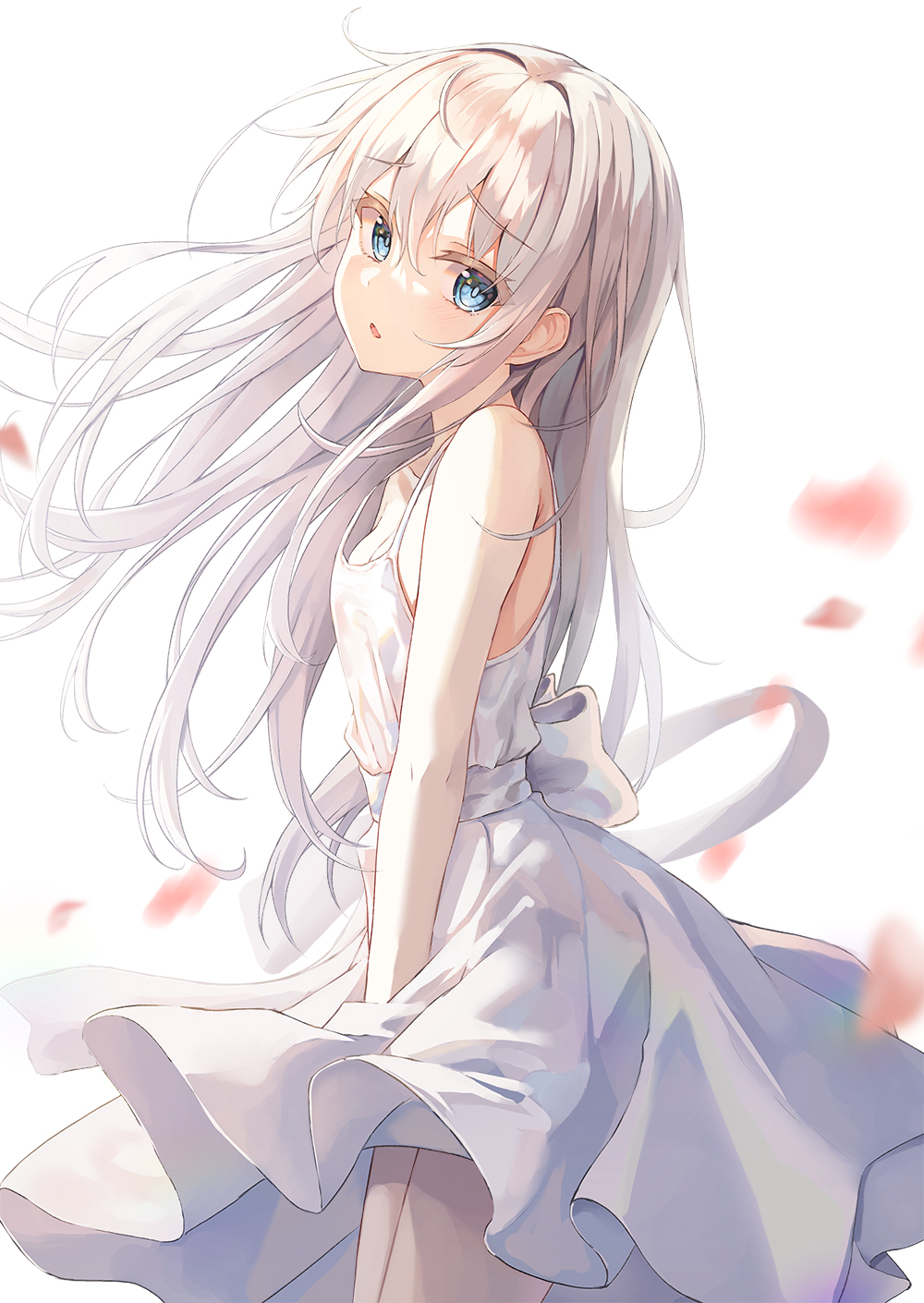 1girl bangs bare_shoulders blue_eyes breasts collarbone dress eyebrows_visible_through_hair from_side highres lkeris long_hair looking_at_viewer looking_to_the_side original petals small_breasts solo very_long_hair white_background white_dress white_hair