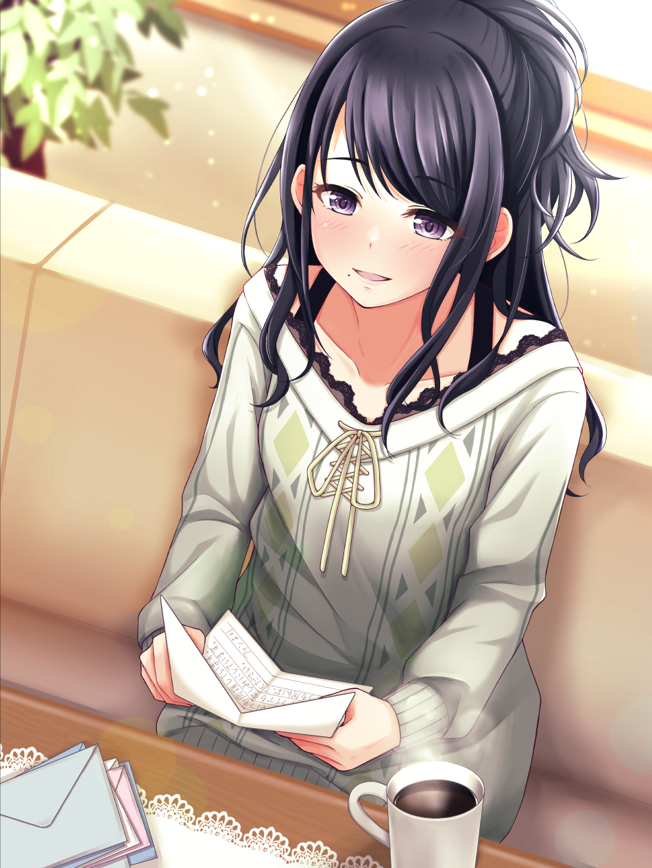 1girl awazake_(2wairu) bangs black_eyes black_hair collarbone cup envelope eyebrows_visible_through_hair grey_sweater highres holding holding_paper idolmaster idolmaster_shiny_colors indoors kazano_hiori long_sleeves mole mole_under_mouth mug paper parted_lips ponytail sitting solo sweater table