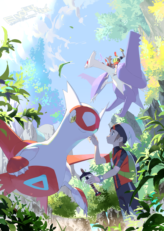 1boy 1girl artist_name backpack bag beanie bike_shorts blue_eyes bow_hairband bracelet brendan_(pokemon) brown_hair claws closed_mouth day e_volution from_below gen_3_pokemon green_bag hairband hat holding jacket jewelry latias latios legendary_pokemon looking_up may_(pokemon) mega_latios mega_pokemon outdoors pokemon pokemon_(creature) pokemon_(game) pokemon_oras red_shirt riding_pokemon shirt shoes short_sleeves shorts sleeveless sleeveless_shirt smile white_headwear white_shorts yellow_eyes