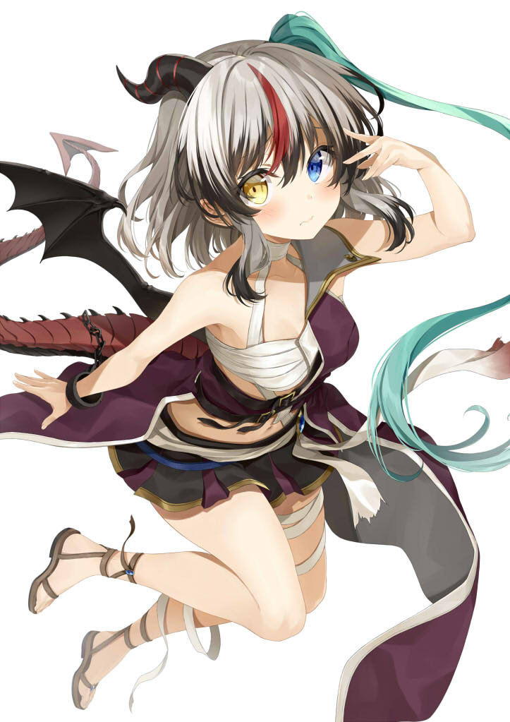 1girl aqua_hair armpits asymmetrical_hair bandaged_leg bandages bare_shoulders black_hair blue_eyes blush brown_footwear chain chimera closed_mouth coat commentary_request cover cover_page cuffs dragon_girl dragon_horns dragon_tail dragon_wings embarrassed from_above gold_trim grey_hair heterochromia horns kakao_rantan legs_up long_hair looking_at_viewer midriff miniskirt monster_girl multicolored multicolored_clothes multicolored_hair multicolored_skirt navel novel_cover novel_illustration official_art purple_coat raised_eyebrows redhead rose_(sentouin_haken_shimasu!) sandals sentouin_haken_shimasu! shackles shadow side_ponytail sidelocks simple_background single_bare_arm single_horn single_wing single_wrist_cuff skirt solo stomach streaked_hair tail v wavy_mouth white_background wings wrist_cuffs yellow_eyes